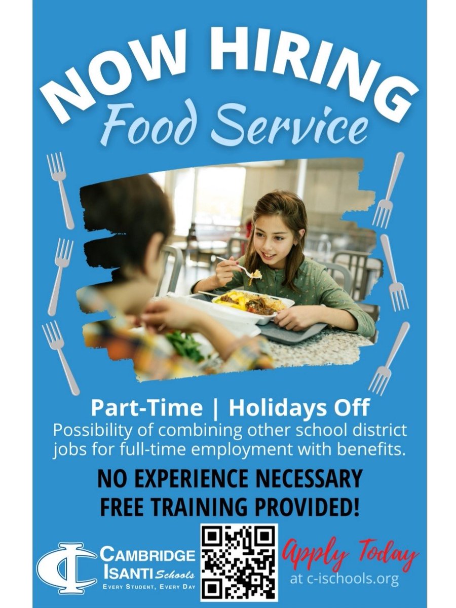 We have several job openings in our Food Service Department.  Scan the QR code to apply today!