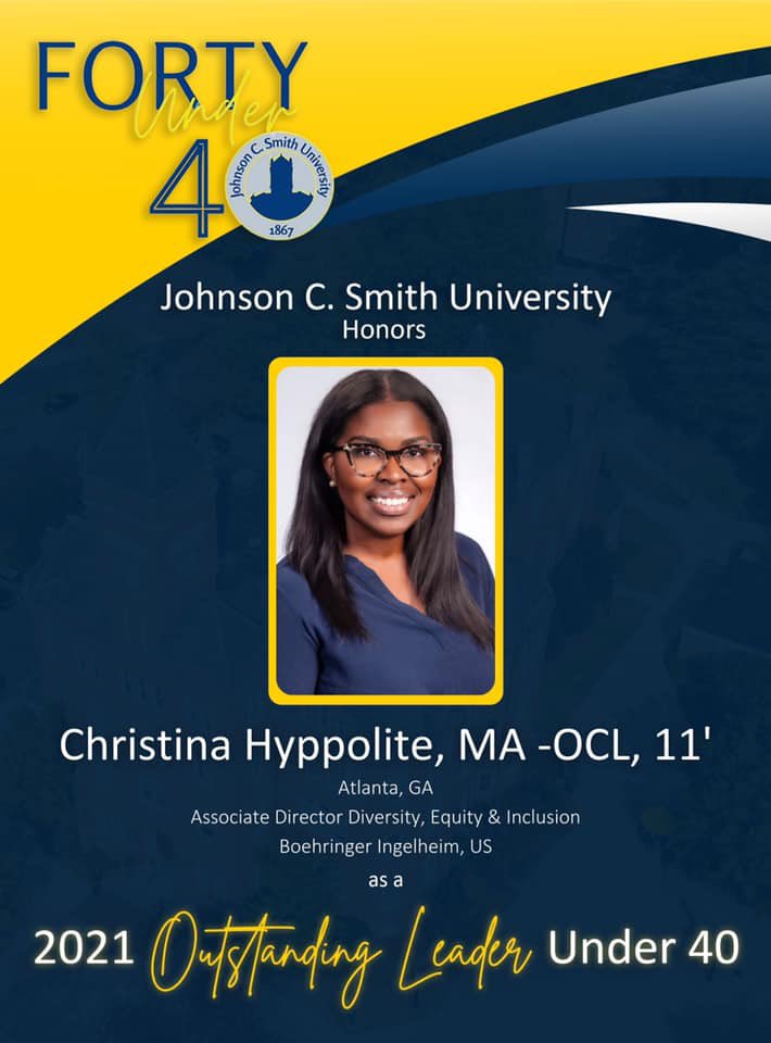 ChristinaHypp's tweet photo. I had the privilege of being inducted into the inaugural @JCSUniversity “40 under 40 class” of 2021! This honor recognizes outstanding alumni who are change agents in their communities and leaders in their professions. I am so grateful for this recognition 🔵🟡 #hbcuproud https://t.co/CbcMmmdL8v