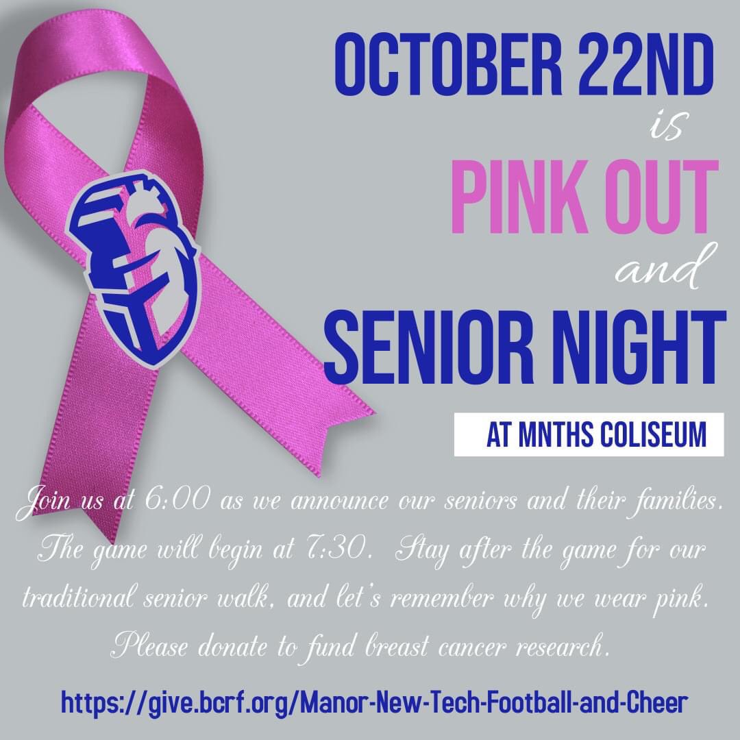 We invite you support our MNTH scholar athletes by attending our Senior Night & PINK OUT game this Friday! 💗 🔵⚪️🏈 MNTH Senior Night vs Austin Achieve 📍Titan Colosseum 🗓 Friday, Oct 22, 2021 ⏰ 7:30 pm 🎟📲 Online ticket sales events.ticketspicket.com/home #BleedBlue #PinkOut