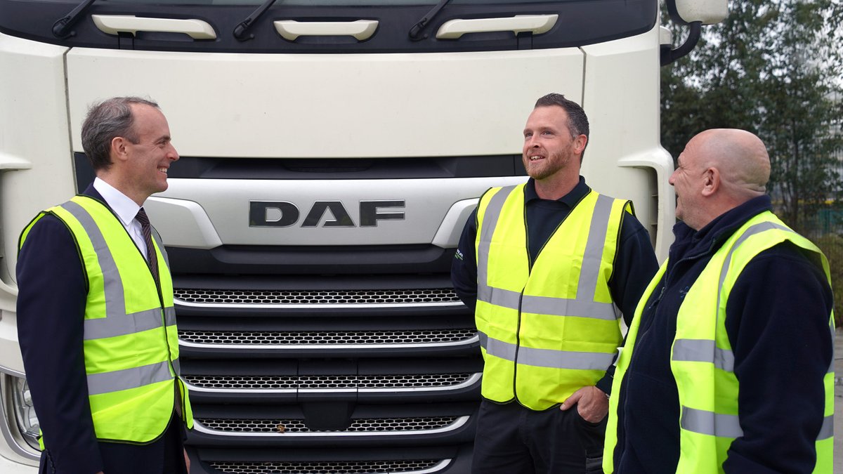 DominicRaab's tweet photo. I want to cut reoffending by getting more prisoners skilled and into work.

Good to meet two today, Andy &amp; Dean, and their boss Stuart @LyonsHaulage.
Andy and Dean told me that having a job gives them something to prove and something to lose. https://t.co/yymlJNti3D