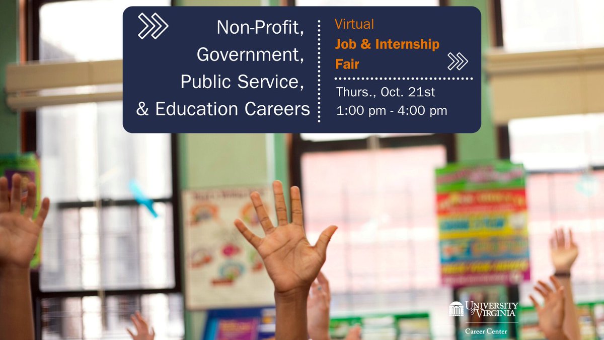 Raise your hand if you’re considering a career in education! Explore your options during tomorrow’s (10/21) virtual Job and Internship Fair for Non-Profit, Government, Public Service, &amp; Education Careers from 1pm-4pm. Register via Handshake: app.joinhandshake.com/career_fairs/1…