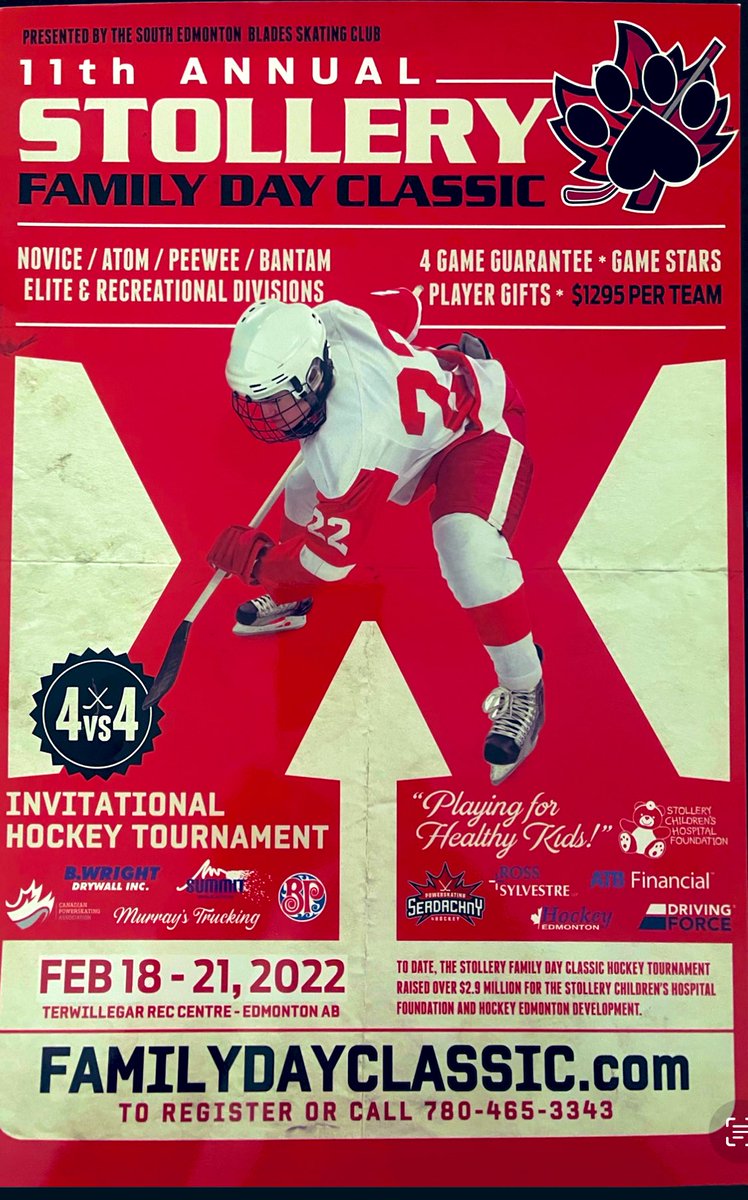 FamDayClassic's tweet image. We are Super excited to launch the 11th Annual Stollery Family Day Classic Invitational in Edmonton. February 18-21,2022 @StolleryKids @HockeyEdmonton1 go to familydayclassic.com for info! #playingforhealthykids