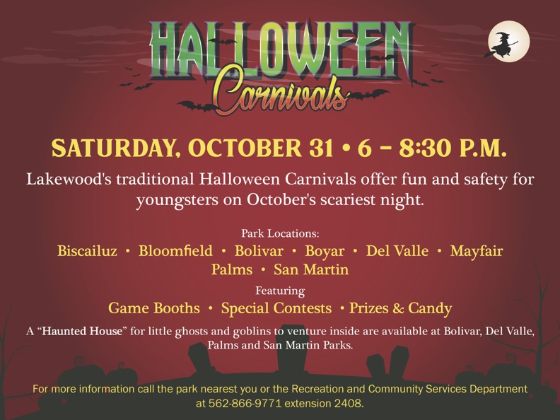 Lakewood's traditional Halloween Carnivals are back! Special carnival activities are scheduled for Sunday, Oct. 31 from 6 to 8:30 p.m. at many Lakewood parks. Volunteers are also needed to run carnival booths. Visit lakewoodcity.org/HalloweenVolun… to sign up!