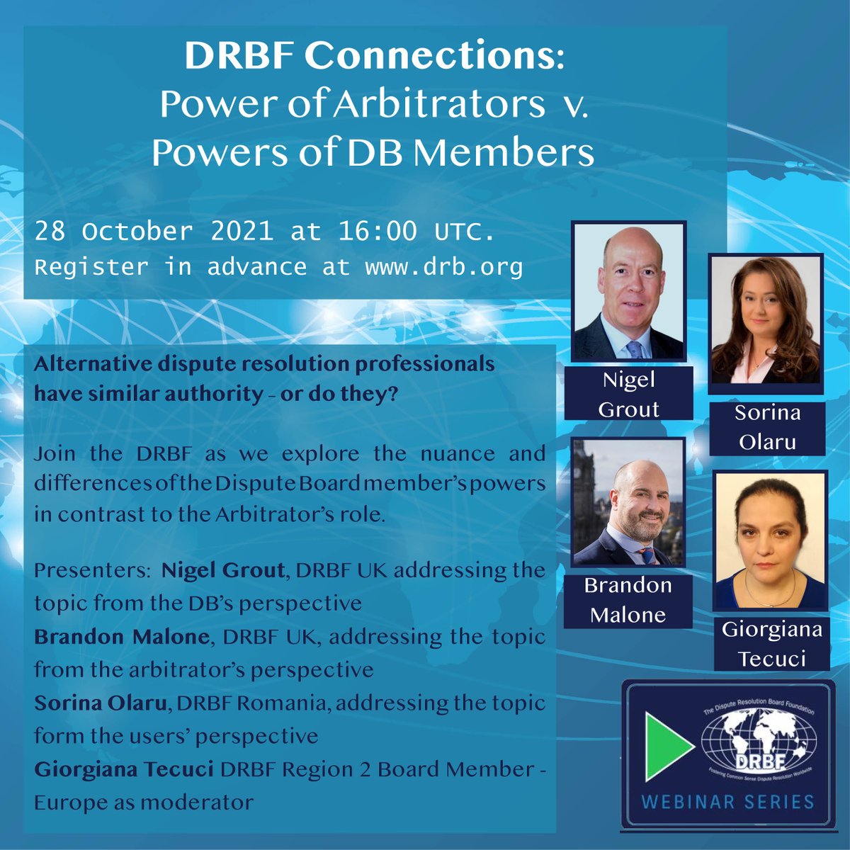 DRBF Connections | Powers of Adjudicators v Powers of Arbitrators. October 28, 2021 16 UTC | Register in advance: bit.ly/3vtIXdg

Join this DRBF members-only webinar series on topics of interest to the Dispute Board community in Europe and beyond.