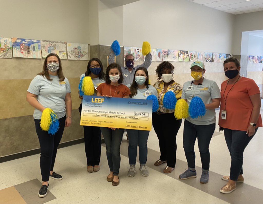 Thank you @LEEFStrong for supporting CRMS student learning in history with a grant for <a href="/SarahDCoffee/">Sarah Coffee</a>! She’s bursting with joy as she shows off the grant for a mentor ship program for our students 💛🦅💙