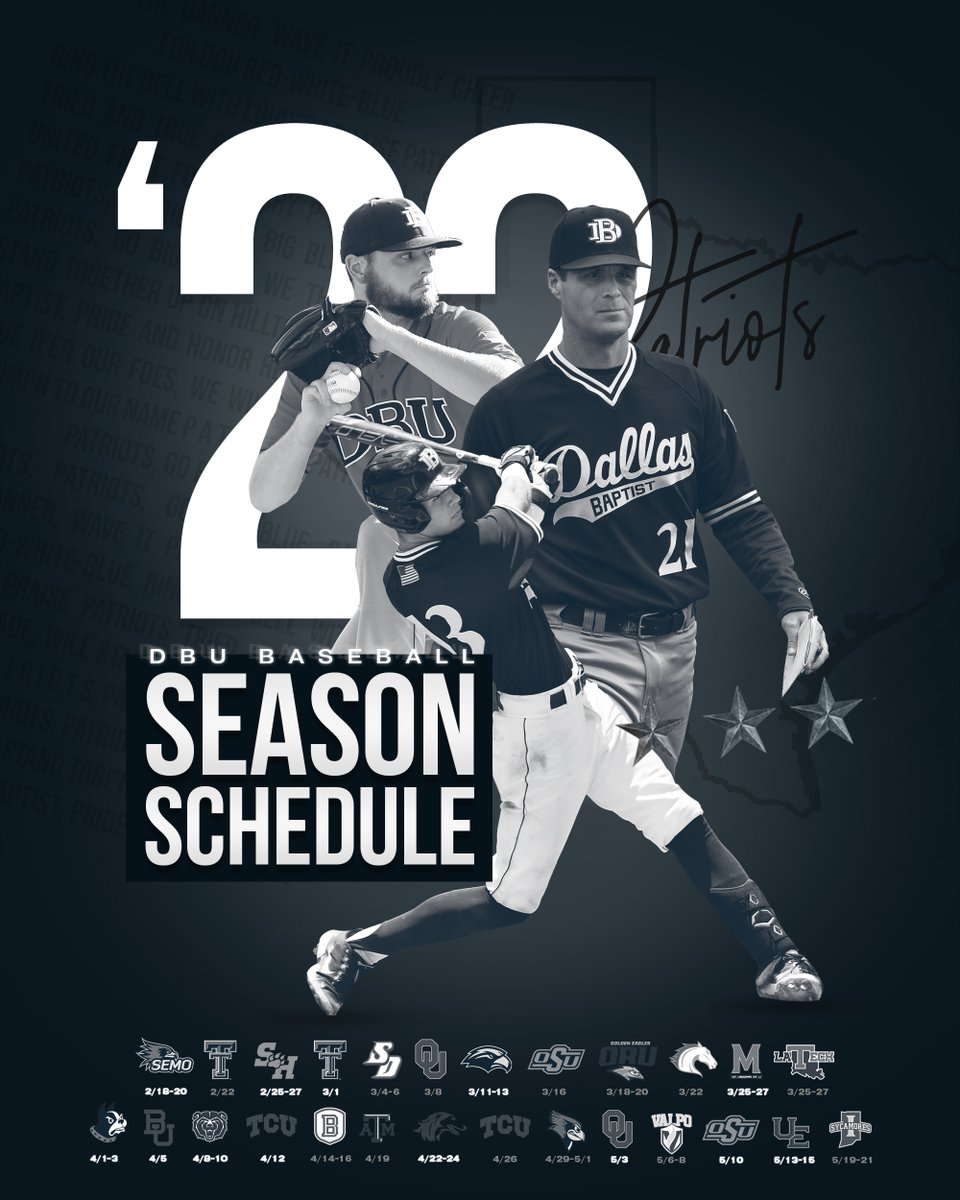 DBU_Baseball's tweet photo. Opening Day: February 18. The return of midweeks. 19 games against 2021 NCAA Tournament teams.

The 2022 schedule is here!

Full Details: https://t.co/u9hTbu5DoB https://t.co/2O3xdUd3vV