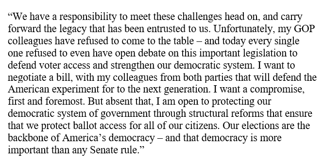 SenAngusKing's tweet photo. Today, every member of the Senate Minority voted against simply opening debate on the #FreedomToVoteAct, which would strengthen our democratic process. This is a disappointment, but we cannot and will not stop working to preserve and defend the flame of democracy. My statement: https://t.co/ftGkKZ0tiD