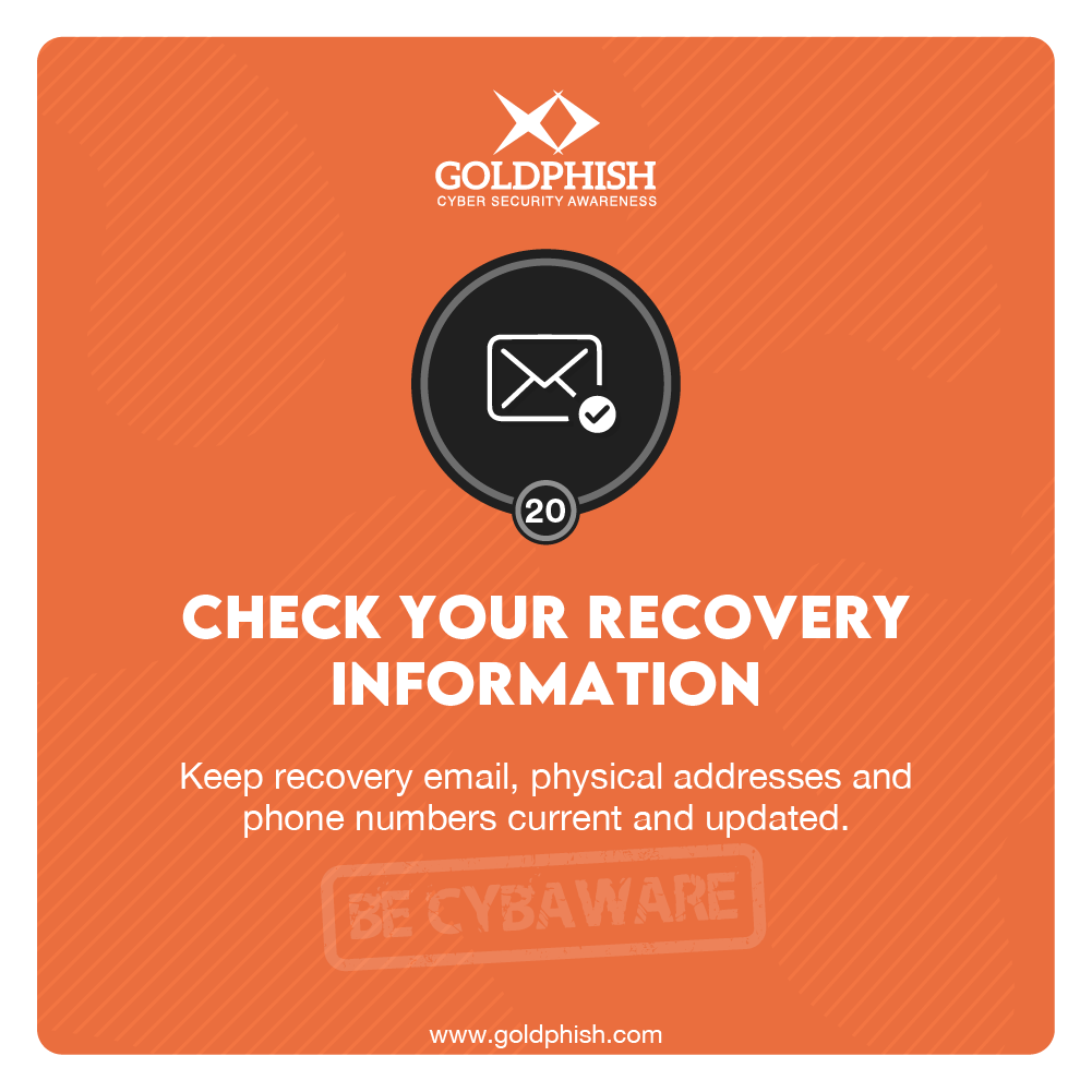 GoldPhishCyber's tweet photo. Recovery phone number and / or email helps you reset your #password if you forget your password, if someone else is using your #account and / or if you're locked out of your account for other reasons.
.
#cybersecurityawarenessmonth #CSAM #cybersecmonth #BeCybaware #31daysofcyber https://t.co/H4j4reA3V1