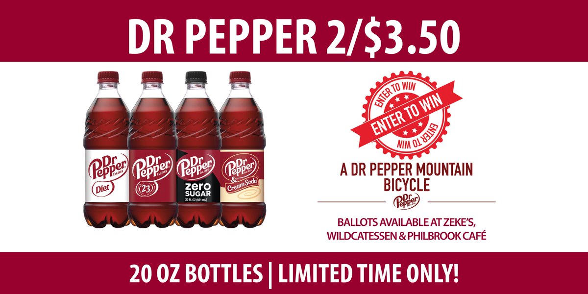 UNHDining's tweet photo. DR PEPPER BIKE GIVEAWAY! ๐ดโโ๏ธ Enter for a chance to WIN! ๐ Ballots are available at Zeke's, Wildcatessen & Philbrook Cafรฉ. Drawing will be held 10/29th. ๐DR PEPPER 2 for $3.50! #contest #Giveaways #Freebie #drpepper #beapepper https://t.co/O2JdaVmAl8