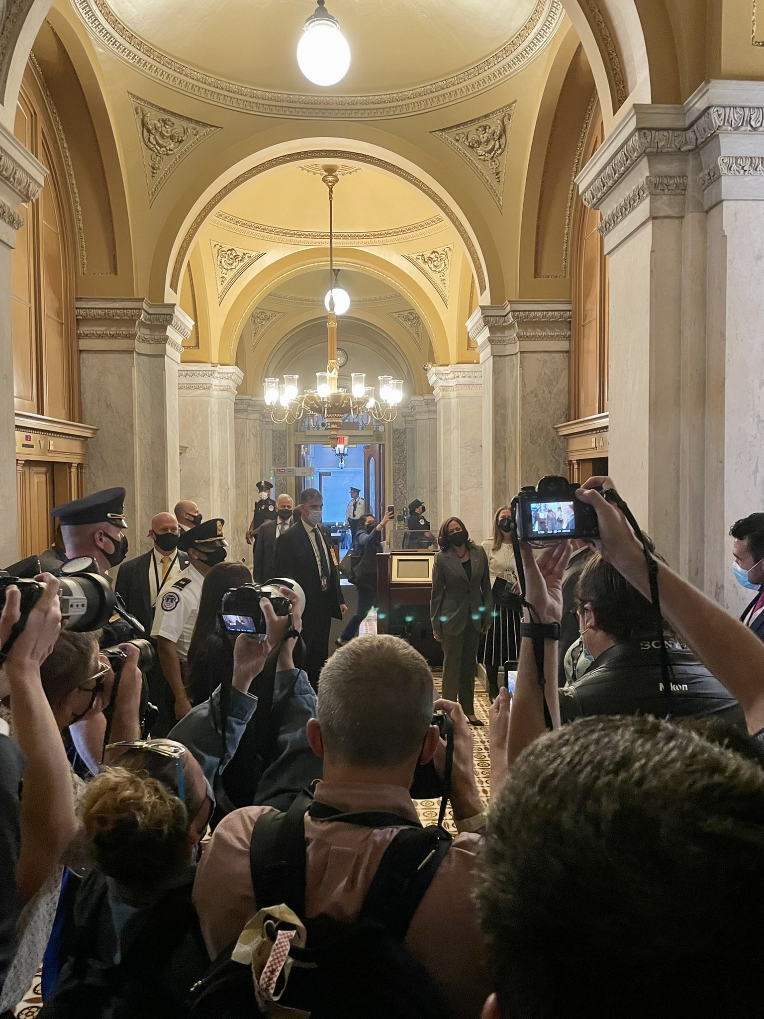 Staff starts singing Happy Birthday as VP Kamala Harris enters the Capitol. She is 57 today. 