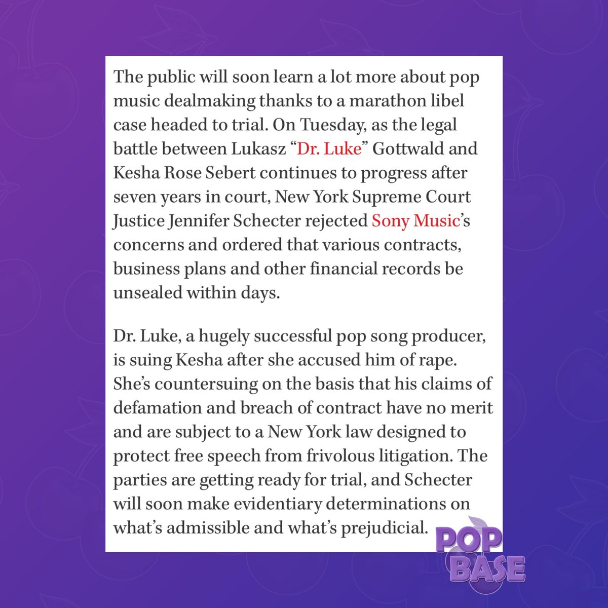 PopBase's tweet photo. Sony Music loses bid for secrecy in the Kesha vs Dr Luke case and has been ordered by a New York judge to unseal various contracts, business plans, and other financial records within days. (via The Hollywood Reporter) https://t.co/GFB1NdMzQ3