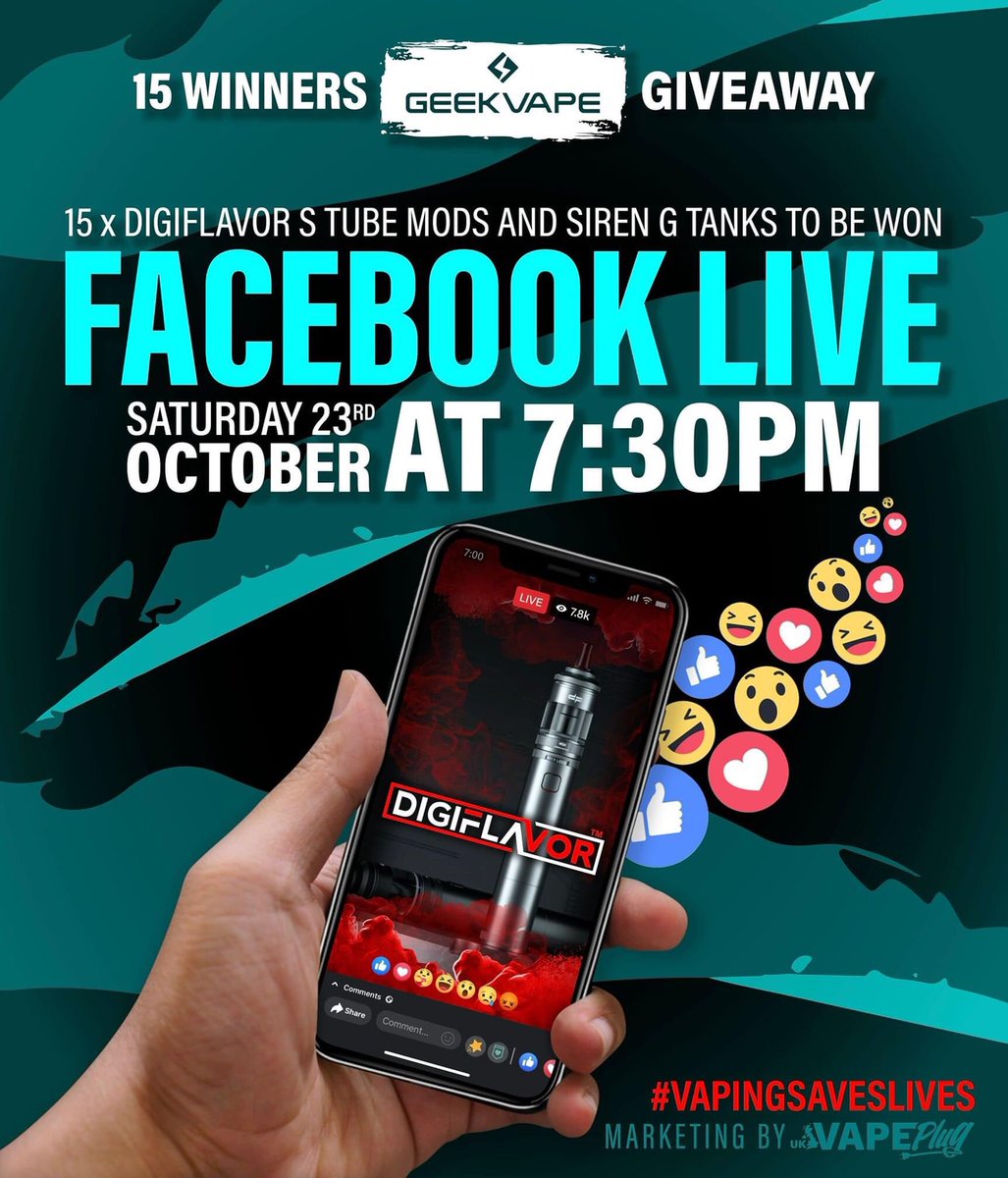 davewatt51's tweet photo. Come join us on Uk Vape Plug page Saturday 23rd Oct at 7.30pmfor GeekVape Digiflavour live event #ukvapeplug #geekvapedigiflavour #vapingsaveslives https://t.co/aCySMvnc50