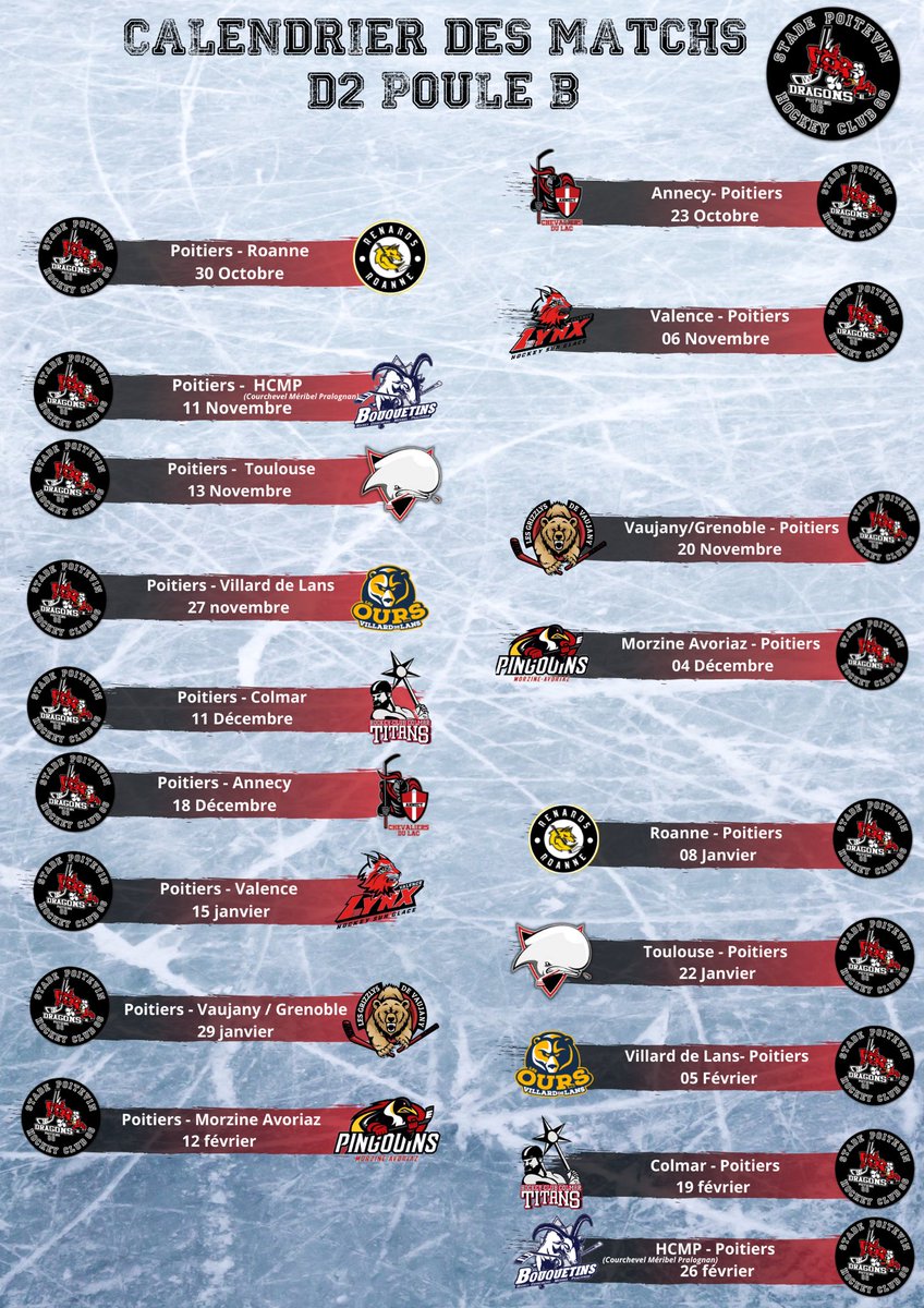 ‼️A vos agendas ‼️Le voilà ENFIN !!!! 
Voici le calendrier des matchs D2 

Restez connecté la billetterie ouvrira dans les prochains jours…

Venez soutenir votre équipe préférée, nous vous attendons nombreux 🏒