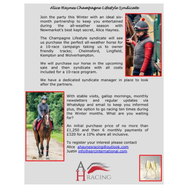 Check out our new ℂ𝕙𝕒𝕞𝕡𝕒𝕘𝕟𝕖 𝕊𝕪𝕟𝕕𝕚𝕔𝕒𝕥𝕖! 🥂🍾 

A great way to get involved at affordable prices! We are looking to purchase at the @tattersalls1766 HIT sale! ✨🥂

#AHaynesRacing #ChampagneSyndicate