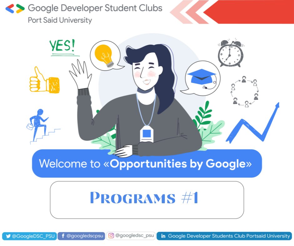 GoogleDSC_PSU's tweet image. انهاردة هنتكلم عن الـ programs اللي Google بيقدمها ليك سواء كنت لسه طالب او خريج. في برامج كتير جدا
Google بيقدمها و احنا هنا هنتكلم عن بعضهم بس، لو حابب تتعرف عنهم و تقرأ اكتر ممكن تزور الموقع ده:
Programs – Build your future with Google
#GDSC
#GoogleDevelopersStudentClubs