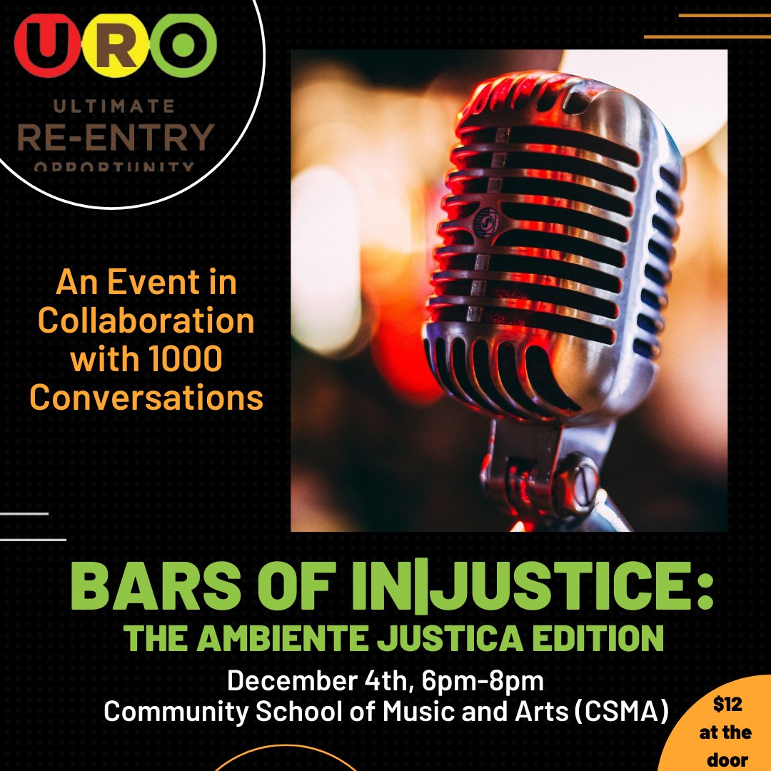 ReentryUltimate's tweet photo. 💥SAVE THE DATE!💥Join us for our annual performing arts fundraiser, Bars of In|Justice: The Ambiente Justica Edition! The event will be on Saturday, December 4th, 6pm-8pm at the Community School of Music and Arts. https://t.co/kAs9cpa5qt