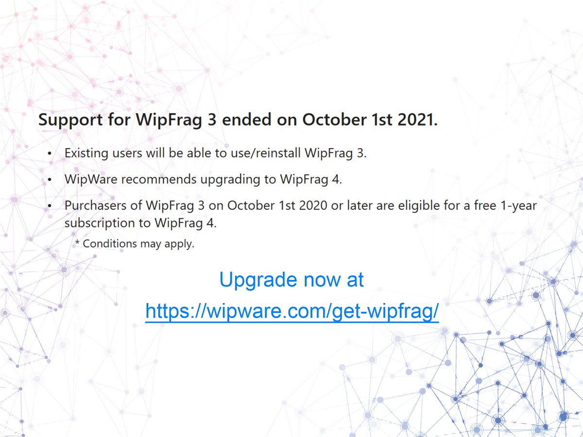 WipWare's tweet photo. Support for WipFrag 3 ended on October 1, 2021. Existing users can use/reinstall WipFrag 3. 
Purchasers of WipFrag 3 on October 1, 2020 or later are eligible for a free 1-year annual subscription to WipFrag 4. Contact us. 
Upgrade to WipFrag 4: https://t.co/vwVP1yxVbh https://t.co/1MLaYmB2Zv