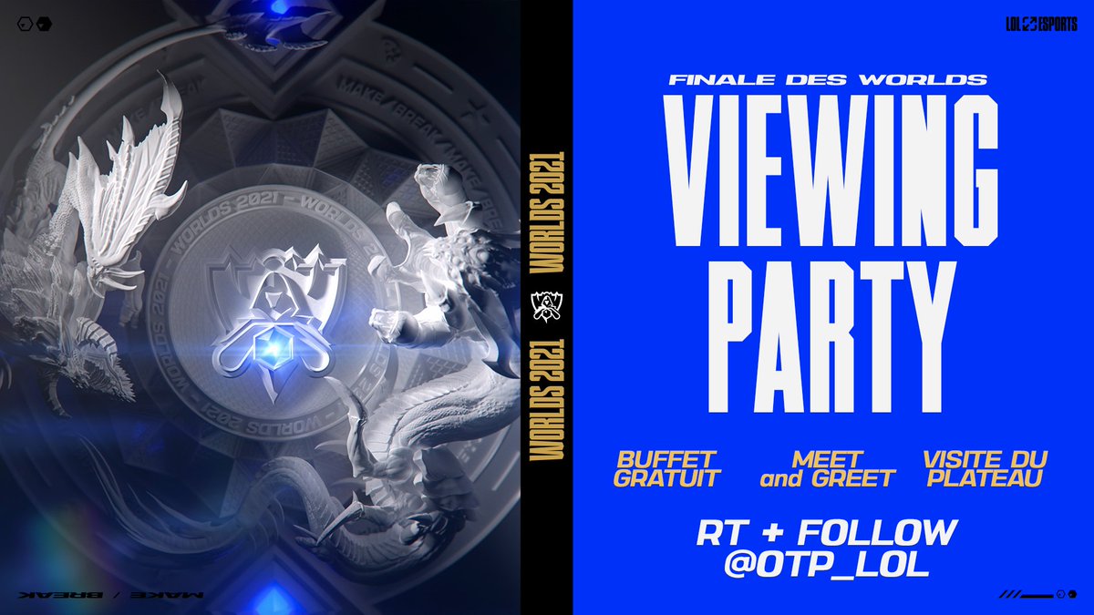 OTP_LoL's tweet image. 15x2 places à gagner pour la première viewing party made in OTP pour la finale des #Worlds2021
Avec buffet, meet&amp;amp;greet et visite du plateau. Le tout: gratuit 😱
RT+Follow @OTP_LoL 
Merci à @Level256_Paris qui nous permet de réaliser ce projet dans l'Arena de la Maison de l'esport