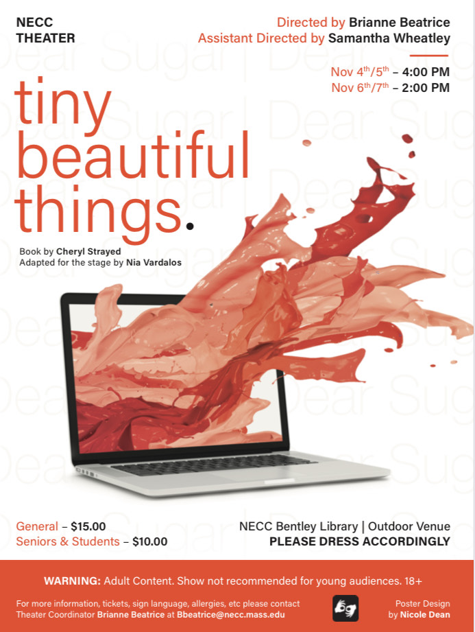 NECC_CLA's tweet photo. The nights are getting cooler, but that's not going to stop the Top Notch Theater players from performing outdoors on November 4, 6, &amp; 7. Don't miss "Tiny Beautiful Things." Tickets available in advance or cash at door. https://t.co/N6NWiKL9Ks https://t.co/QZMOojk5Gl