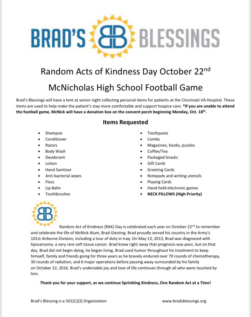 ITEMS NEEDED FOR BRADS BLESSINGS! Random Act of Kindness Day in this Friday, October 22. Brad’s Blessings will have a tent at senior night collecting items for the Cincinnati VA Hospital. Please donate items to a great cause all while cheering on the Rockets!

#BondedTogether