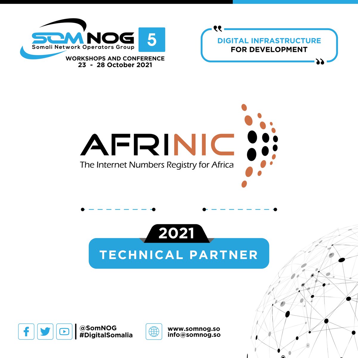 SomNOG's tweet image. We are delighted to announce that @AFRINIC is #SomNOG5 Technical Partner 2021. We thank @AFRINIC for their contribution to making this year&apos;s event a huge success.
For more details: somnog.so

#DigitalSomalia #Somalia #Digitalinfrastructure #CapacityBuilding