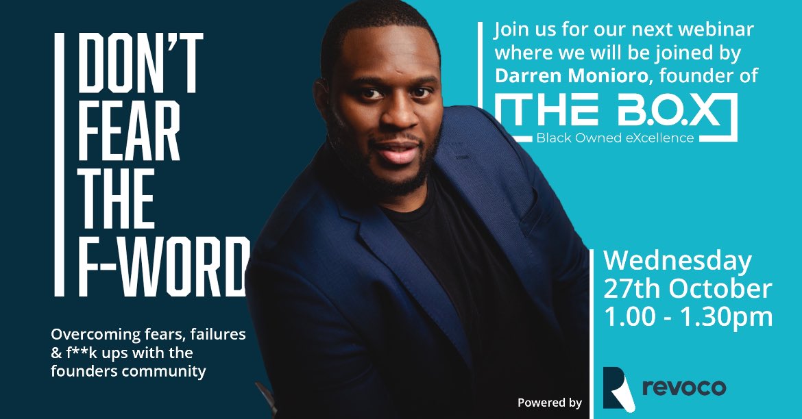 Join our Founder Darren Monioro &amp; @Revoco_Talent next week for ‘Don't Fear the F Word’ webinar discussing:

⇢ Some of the challenges &amp; failures black founders experience
⇢ Why it’s crucial to diversify the investing landscape
⇢ + more

🗓 Wednesday 27th October
⏰ 1pm - 1:30pm