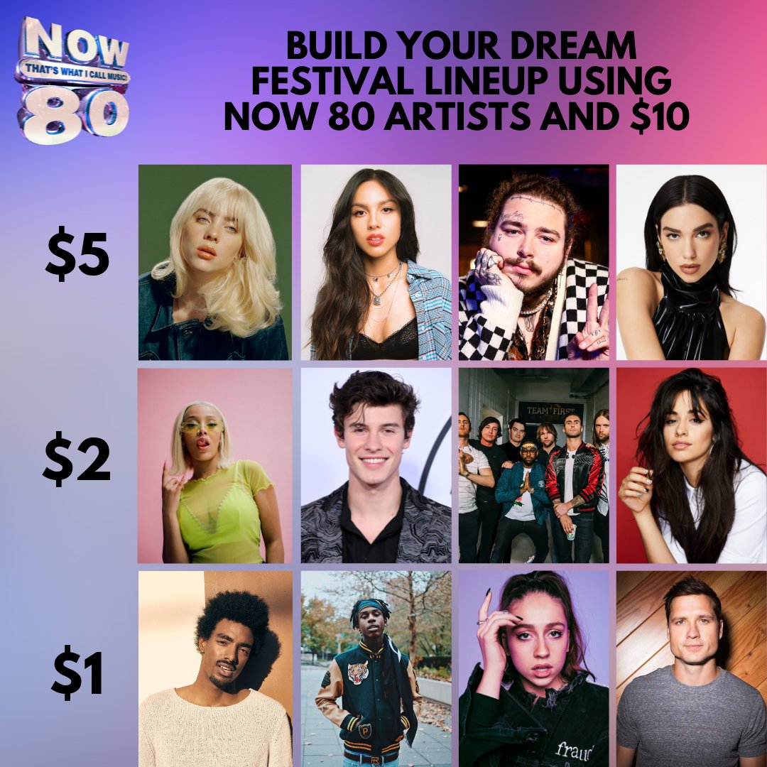 NOWThatsMusic's tweet photo. Seeing any of the #NOW80 artists would be a total dream come true π€© With only $10, let us know which artists you would add to your ultimate festival lineup! https://t.co/pe9OlGnwuP