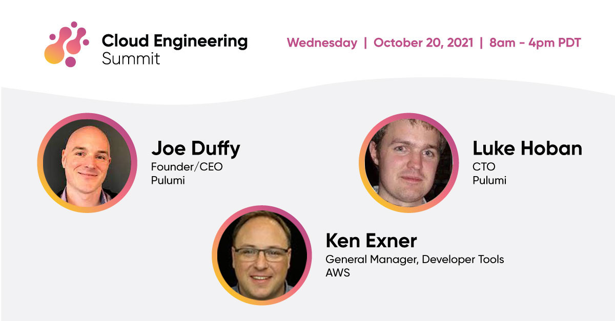 PulumiCorp's tweet image. General Session at the #CloudEngineeringSummit is kicking off now with #AWS&apos; Ken Exner, @funcOfJoe and @lukehoban. 🎉 

Join in ⬇️ bit.ly/cloud-eng-summ…