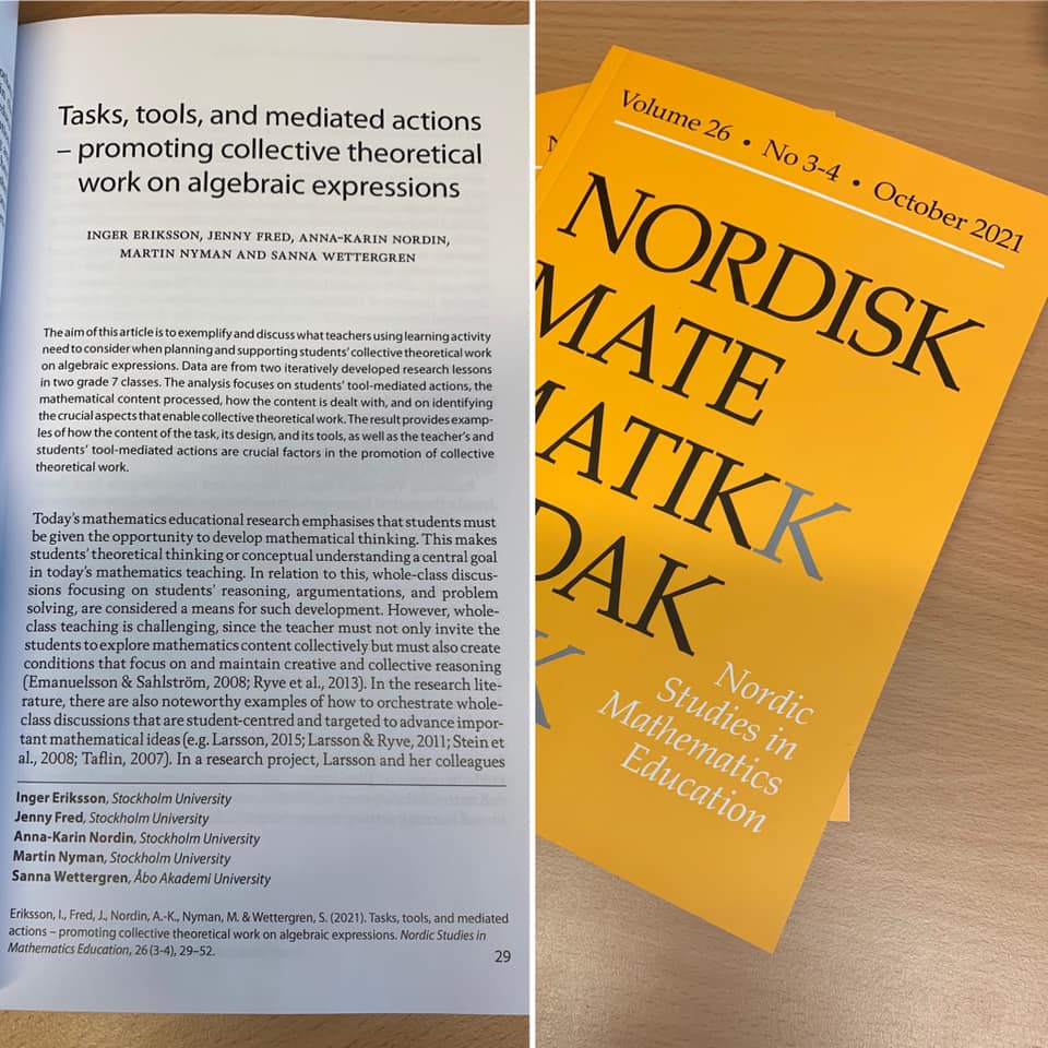Ytterligare en artikel publicerad inom ramen för vårt forskningsprojekt "Förmågan att föra och följa algebraiska resonemang – utmaningar för grund- och gymnasieskolan"! 📷: <a href="/hollviken/">Jenny Fred</a>