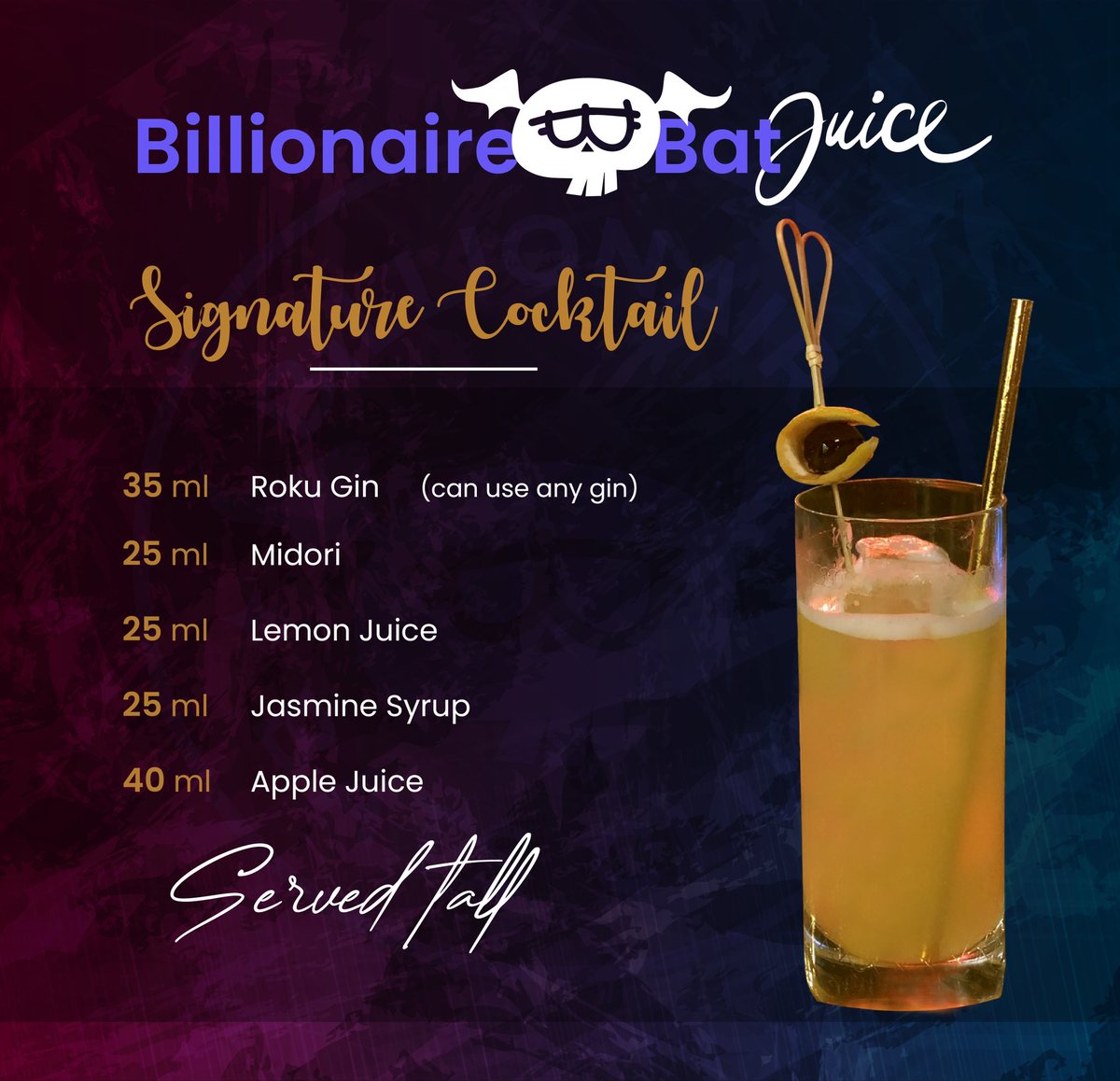 As you know we plan to launch BatFest in 2022 for all holders as well as potentially sponsoring other NFT events. 

Of course what will we be drinking at the event over at the bar? 🍹 

BILLIONAIRE BAT JUICE 🍹 of course. Try making it for yourself! #BatGang #FlyHigh