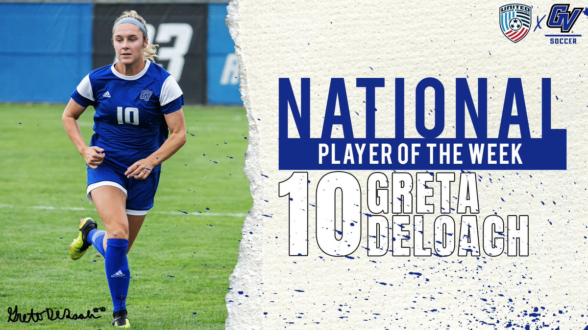 GVSUsoccer's tweet photo. 🇺🇸 NATIONAL PLAYER OF THE WEEK 🇺🇸

Two brilliant performances over the weekend lead to @UnitedCoaches national recognition for Greta DeLoach! https://t.co/wmMG4KV6Pn