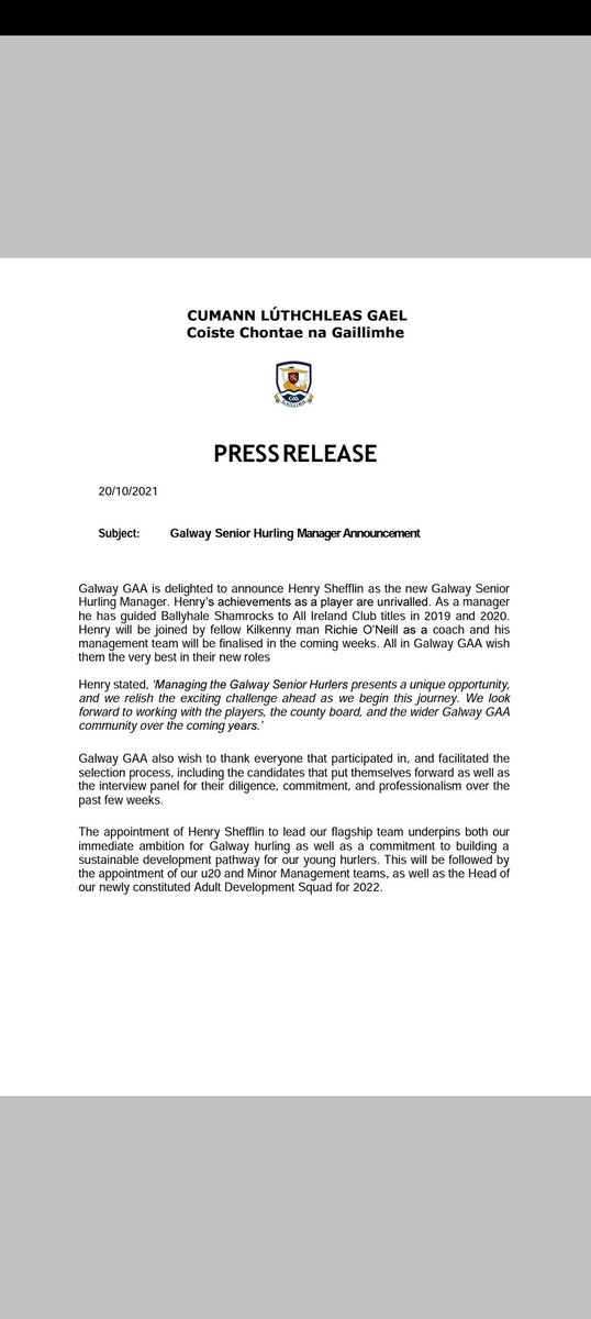 Galway GAA are delighted to announce the appointment of Henry Shefflin as the new Galway Senior Hurling Manager. Statement below👇