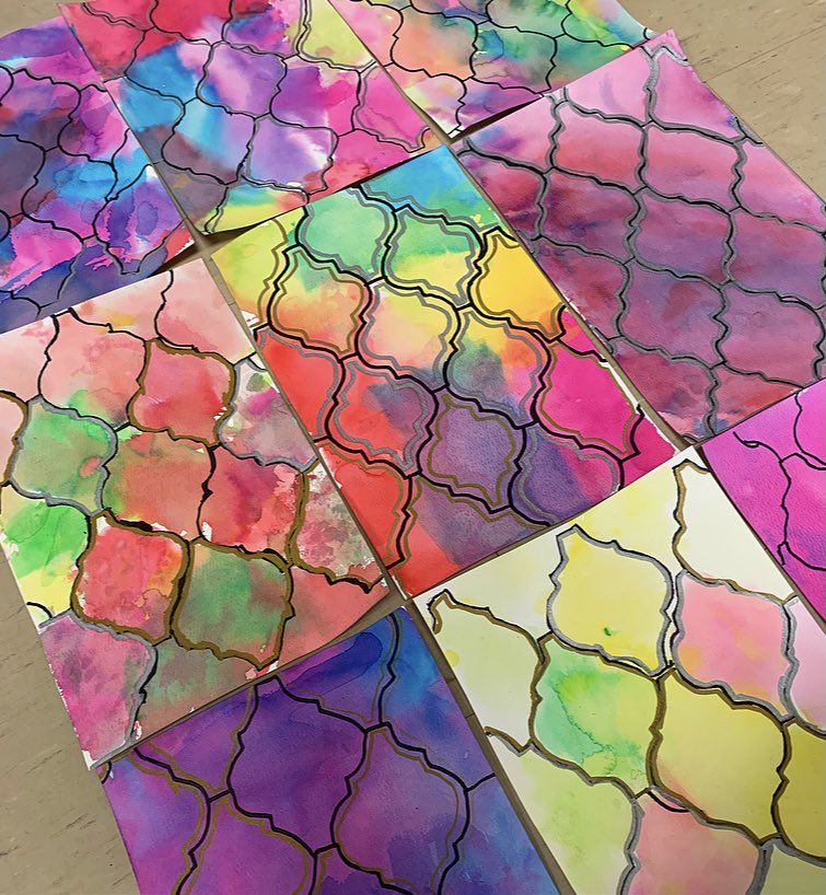 MsTaylor_art's tweet photo. We continue our study of Islamic geometric art with some Moroccan tile-inspired designs #IslamicHeritageMonth #bleedingtissuepaper #elementaryart https://t.co/H03Q8JVcsL