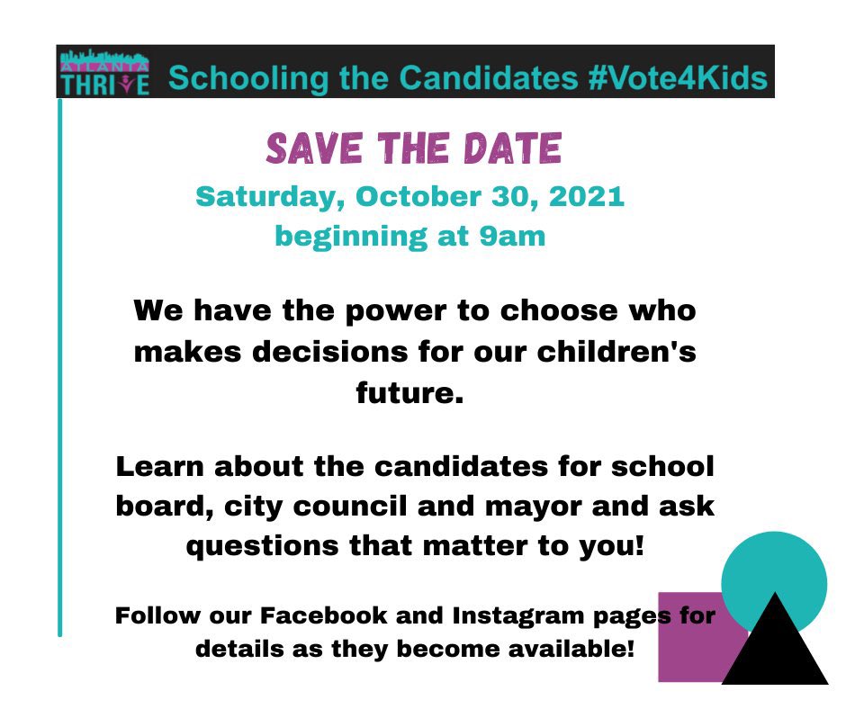 Atlanta mayoral candidates, city council district 1 candidates and APS district 1 candidates meet parents and students from our community October 30th - contact @AtlantaThrive for more info and opportunities to meet with parents