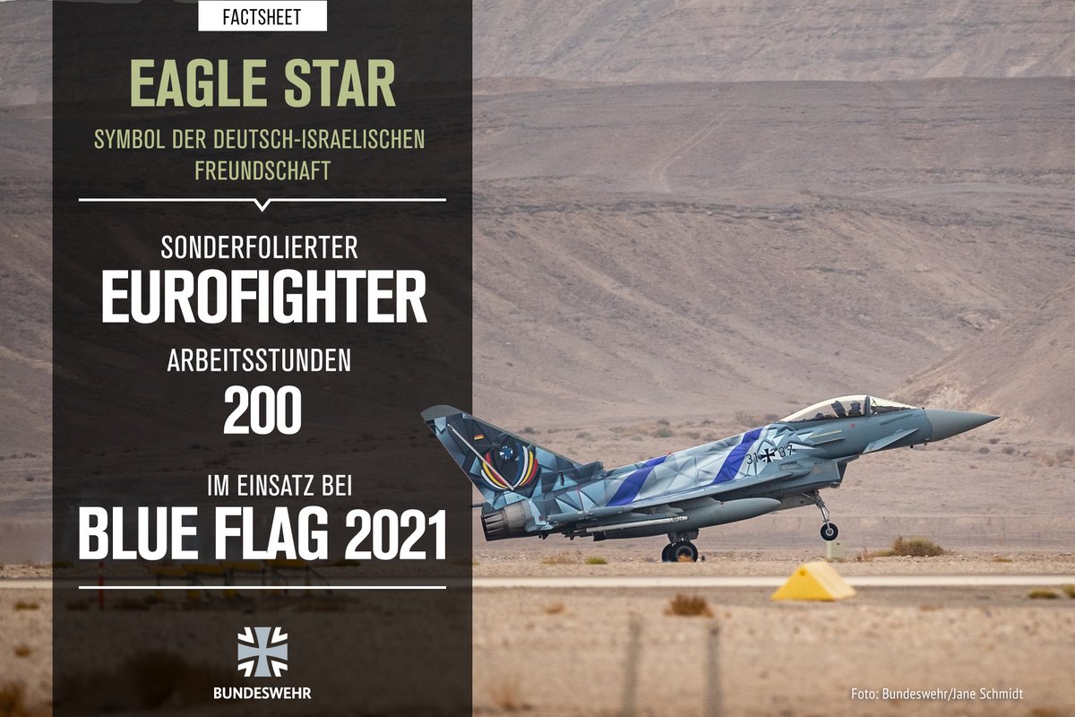 bundeswehrInfo's tweet photo. #ICYMI: Der #EagleStar ist bei #BlueFlag2021 ein echter Hingucker. Der #Eurofighter ist Botschafter der israelisch-deutschen Freundschaft. Er zeigt die 🇮🇱 &amp; 🇩🇪, zudem sind die Staatssymbole abgebildet. Bundesadler und Davidstern ergeben zusammen den englischen Begriff Eagle Star. https://t.co/NZi8JpqU25