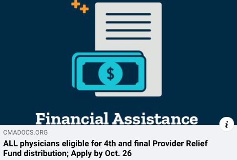 LADocs_'s tweet photo. #Physicians you have 6 more days to apply for the fourth and final Provider Relief Fund distribution.
Apply for relief today: https://t.co/CGl42mci0q via @cmadocs
#healthcare #doctors #practiceowners #medicine https://t.co/c0cLM4GsKN