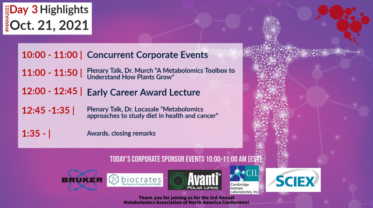 MetabolomicsANA's tweet image. Good morning #MANA2021 attendees! It’s the third and final day of the #MANA2021 conference. We hope you’ve enjoyed yourself thus far and are looking forward to another great day! Starting off with our corporate sponsored events, 2 plenaries and our award announcements/talks!