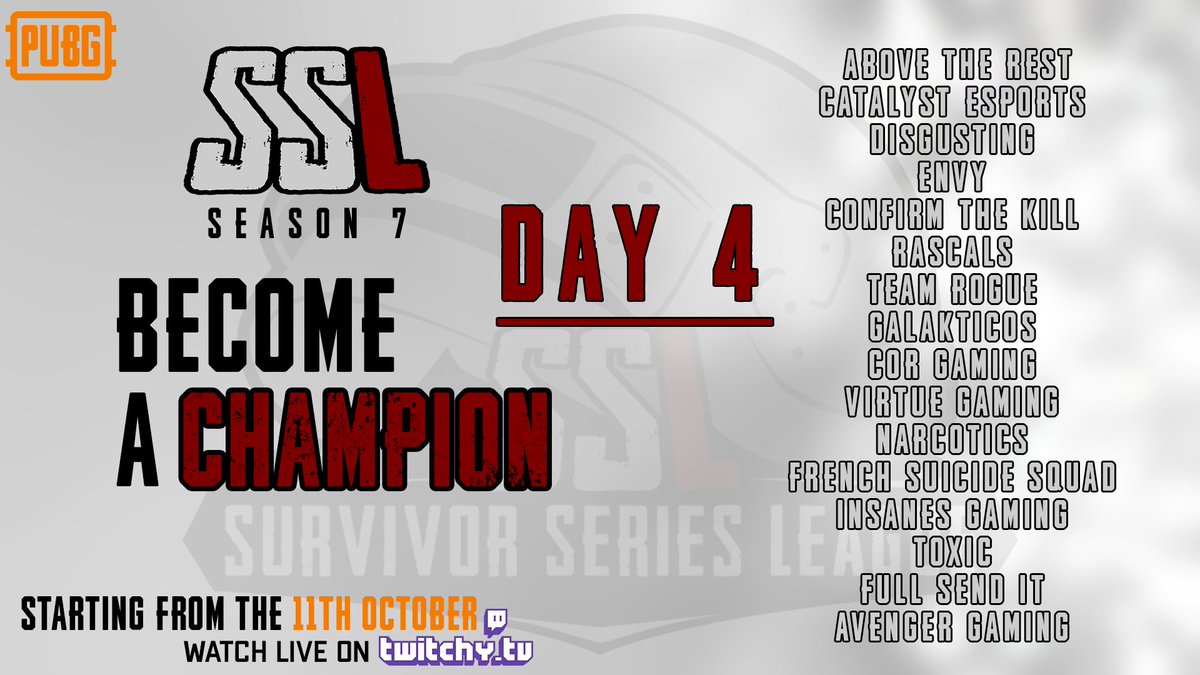 SSL Day 4 is now live! 🔴

Come watch SSL's bottom 16 of Season 7 battle it out over 2 days whoever makes top 8 will join the top 8 from Monday to make top 16 next week! 

With our host @CcExclusives! 🎙📺

#BecomeAChampion #SSL

<a href="/TwireGG_PUBG/">Twire PUBG</a> <a href="/PUBG_EU/">PUBG: BATTLEGROUNDS Europe</a>