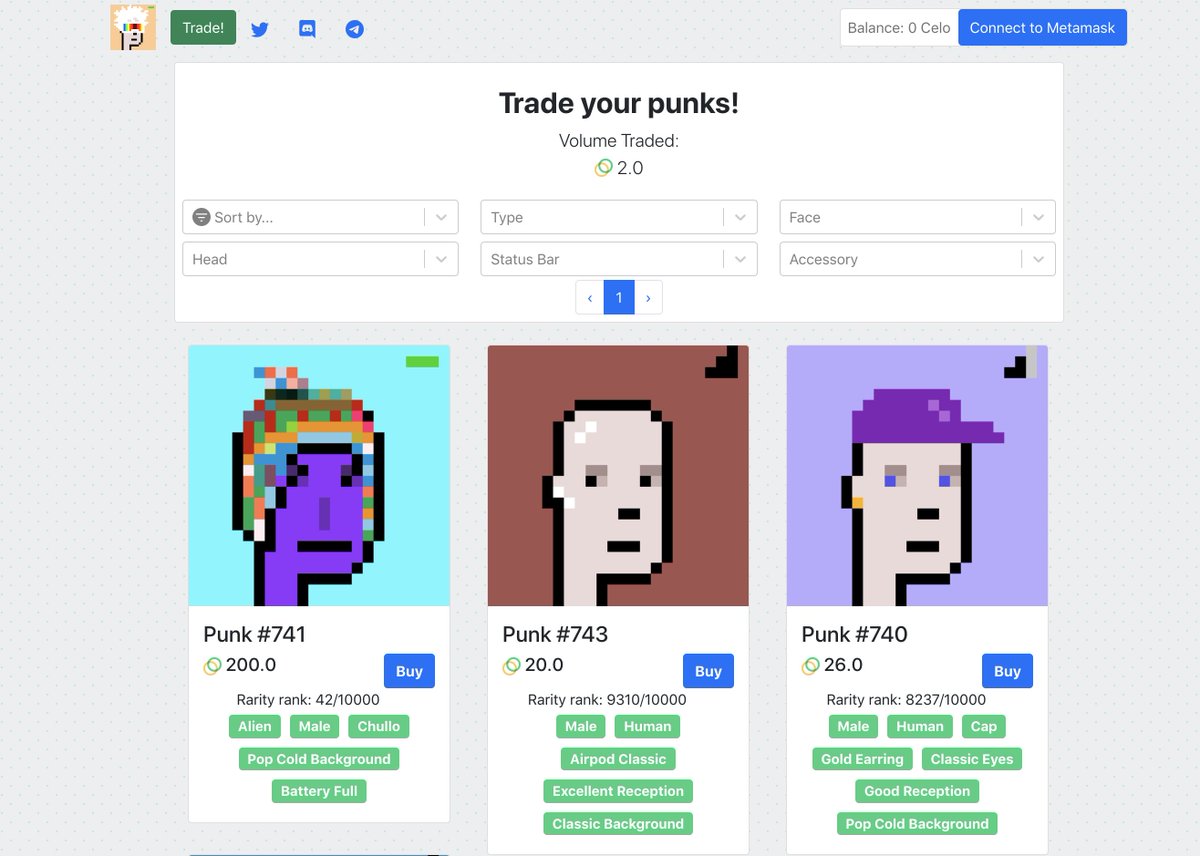 CeloPunks_art's tweet image. 🥳Celopunks marketplace is now LIVE!!🥳
celopunks.art/marketplace

On our marketplace you can:

✅Trade your #celopunks 
✅Enjoy a 2% lifetime reward on every trade of the #celopunk you minted! 😎