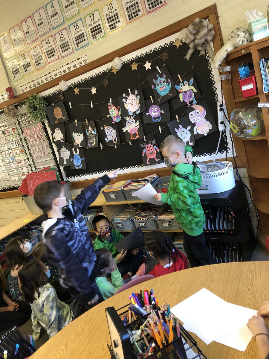 Grade2Jackson's tweet photo. 2J had a blast playing Guess My Monster. This week in writing, students secretly worked on creating a monster and wrote clues about their monster! Today, they read their writing aloud and their peers guessed their monster! https://t.co/xk4MUPdLie