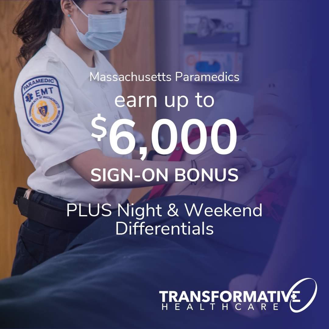 FallonAmb's tweet image. We’re Hiring Paramedics in Massachusetts!

Amazing Opportunity:

-Unprecedented Educational Opportunities
-Abundant 911 &amp;amp; Trauma Center Experience
-Total Compensation:  $24-$45 per Hour

Learn more:  
recruiting.transformativehc.com/paramedics/