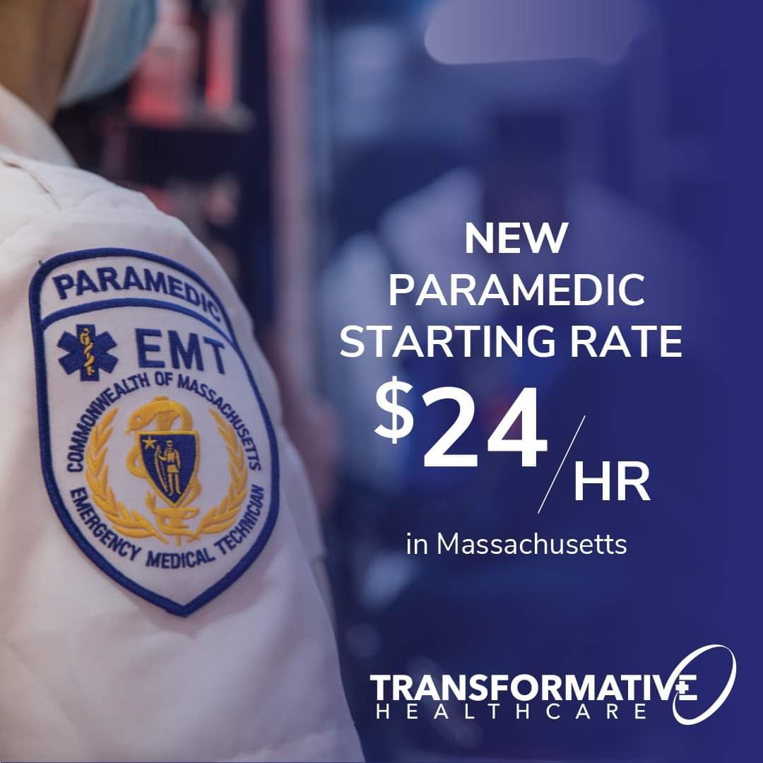 FallonAmb's tweet image. We’re Hiring Paramedics in Massachusetts!

Amazing Opportunity:

-Unprecedented Educational Opportunities
-Abundant 911 &amp;amp; Trauma Center Experience
-Total Compensation:  $24-$45 per Hour

Learn more:  
recruiting.transformativehc.com/paramedics/