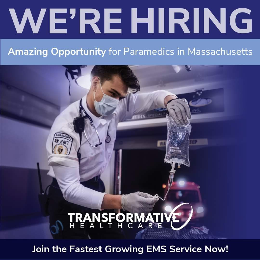 FallonAmb's tweet image. We’re Hiring Paramedics in Massachusetts!

Amazing Opportunity:

-Unprecedented Educational Opportunities
-Abundant 911 &amp;amp; Trauma Center Experience
-Total Compensation:  $24-$45 per Hour

Learn more:  
recruiting.transformativehc.com/paramedics/