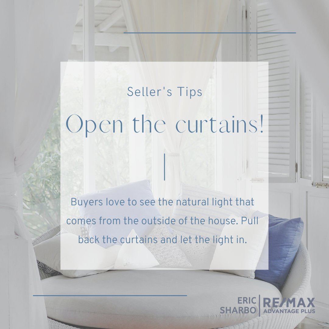 Selling your home? Be sure to keep this helpful tip in-mind! 
#sellertip #realestate #minnesotarealestate #minnesotarealestateagent #REMAX #REMAXAdvantagePlus #naturallight #mnrealestatemarket #mnrealestate #mnrealestateagent #SharboPartners