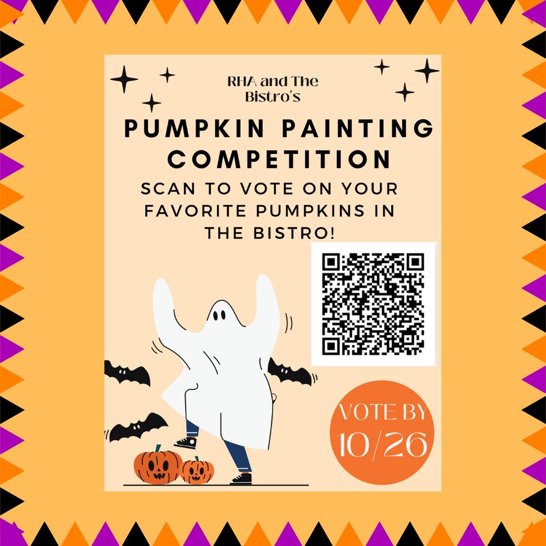 BistroTweetstro's tweet photo. The a Bistro is collaborating with RHA to have a painted pumpkin competition. If you’d like to vote for which pumpkin is your favorite, use the attached QR code and vote by Oct. 26th. https://t.co/XcpjMwCmS5