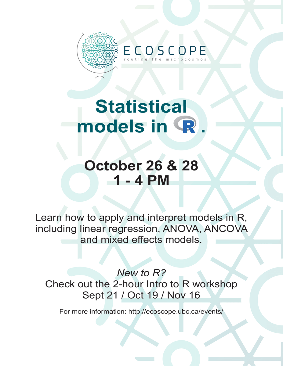 ecoscope_ubc's tweet photo. Want to move your statistical analyses into R? Or maybe you want to improve your current r models to fit complex data sets? If so, check out the month's Statistical models in R workshop on Oct 26th and 28th 😃😃

Sign up here: https://t.co/QxWgnDRnDb https://t.co/OOsCnefmX3