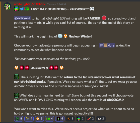 iamwhitelights's tweet photo. last day to mint @GlowingPunks
before Nuclear Winter 🧊☢️
check out the crazy plan we have for reopening minting that we just announced in our discord:
#MISSION0 is going to be SICK
new #collectible #nft metadata idea that weaves into our lore! i've never seen this before 👀 https://t.co/zwuiPJ5dhW