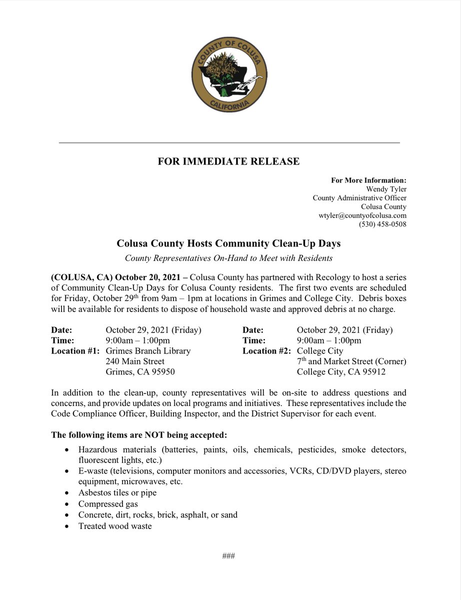 ColusaGov's tweet photo. FOR IMMEDIATE RELEASE: Colusa County Hosts Community Clean-Up Days. 

Colusa County has partnered with @RecologySF to host a series of Community Clean-Up Days for Colusa County residents.  
#ColusaCounty #Recology #CommunityCleanUp #Grimes #CollegeCity https://t.co/ktNnzUPlJ4