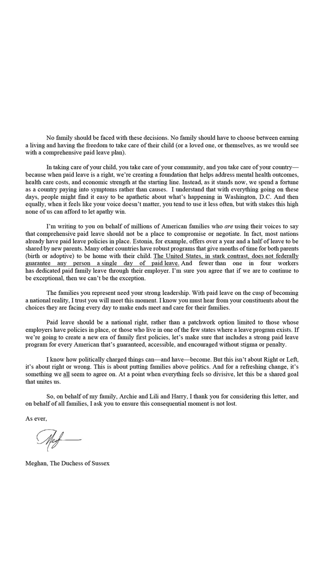 reshmasaujani's tweet photo. #MarshallPlanForMoms is proud to partner with Meghan, The Duchess of Sussex on her letter in support of paid family leave in the U.S.

On behalf of moms, thank you to The Duchess for lending her voice to the fight for #PaidLeaveForAll.

Read the letter: https://t.co/Qf3pnh89nY https://t.co/LjsgXXrBhc