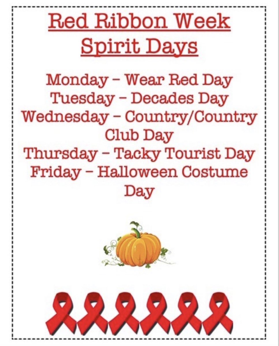 CouncilHms's tweet photo. Red Ribbon Week is coming up October 25-29! We hope all HMS students dress up for our spirit days https://t.co/Hb2Dxv4NDG